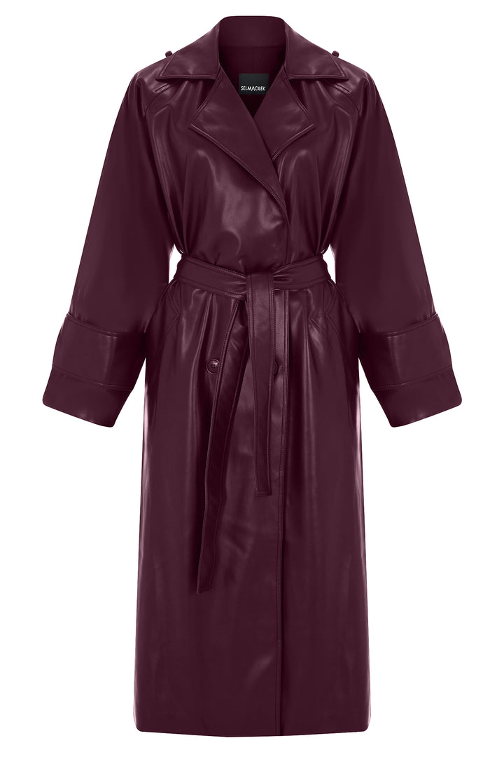 BORDO VEGAN DERİ BAĞLAMA DETAYLI TRENCHCOAT