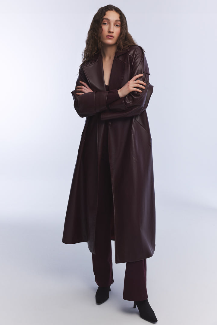 BORDO VEGAN DERİ BAĞLAMA DETAYLI TRENCHCOAT