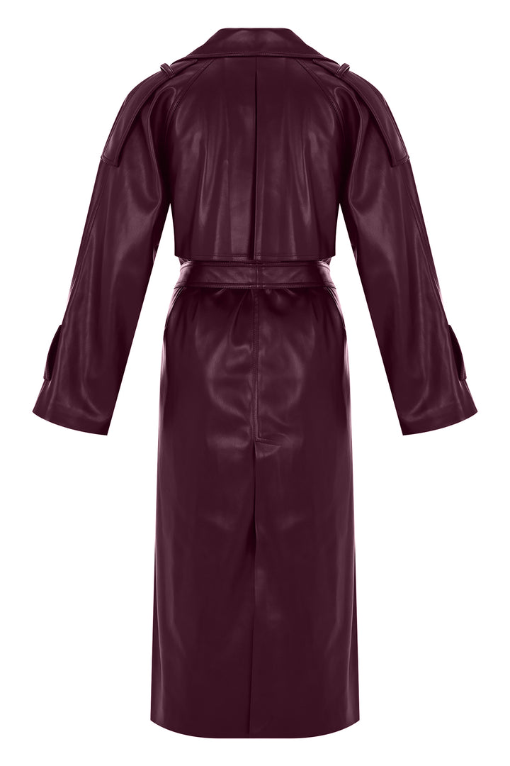 BORDO VEGAN DERİ BAĞLAMA DETAYLI TRENCHCOAT